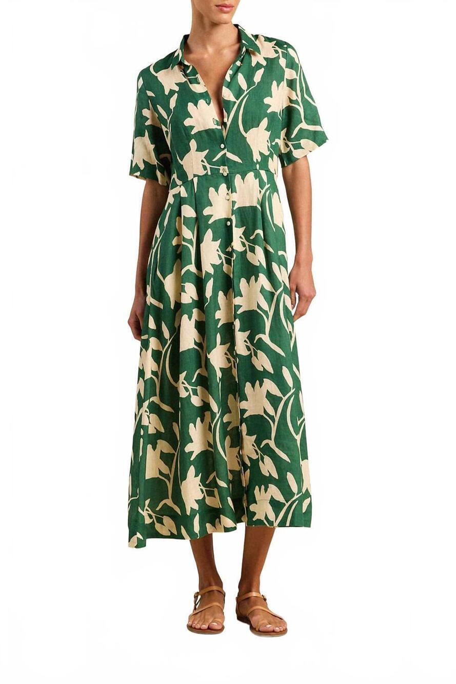 NEW TROVATA magdelena floral linen dress in green print